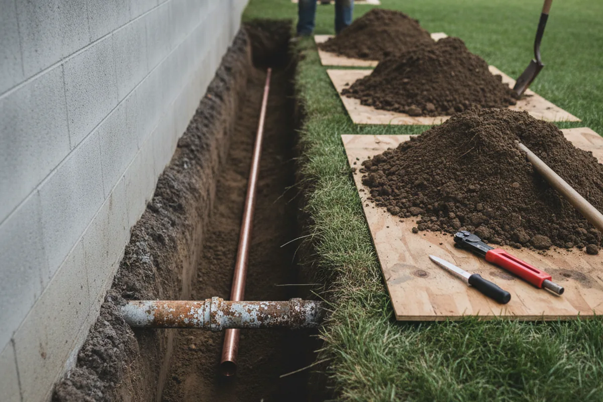 Excavated water line trench during Sewer Line Repair in Vincent